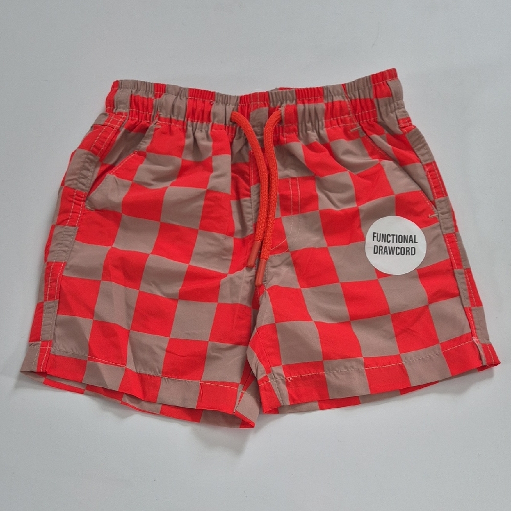 Functional Drawcord Kids Red and Tan Checkered Swim Shorts